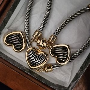 Womens Heart Shape Silver and Gold Magnetic Clasp Necklace and Earrings
